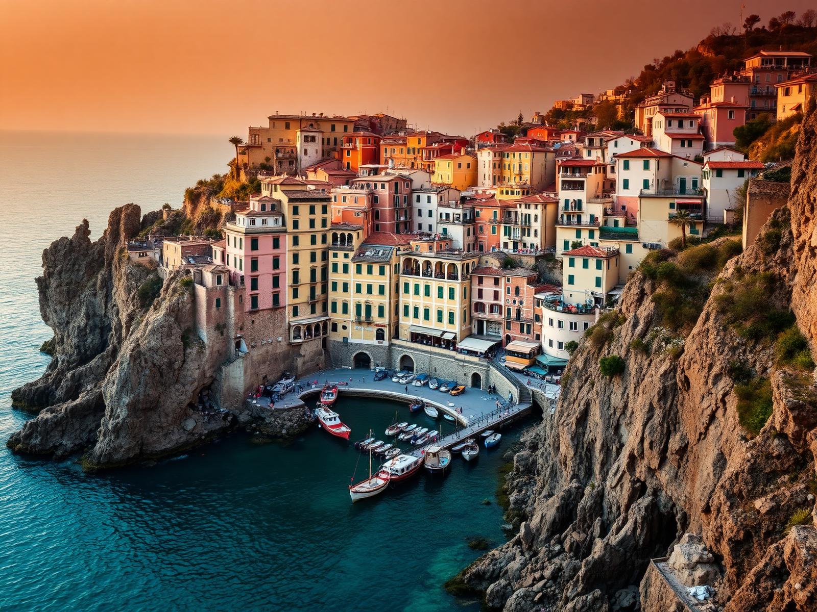Cinque Terre — pastellfarbene Häuser über dem türkisen Meer bei Sonnenuntergang